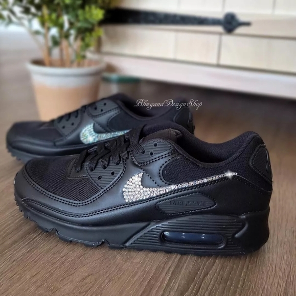 Bling Nike Air Max 90 Women's Leather Black Shoes Customized with Crystals - Picture 2 of 7